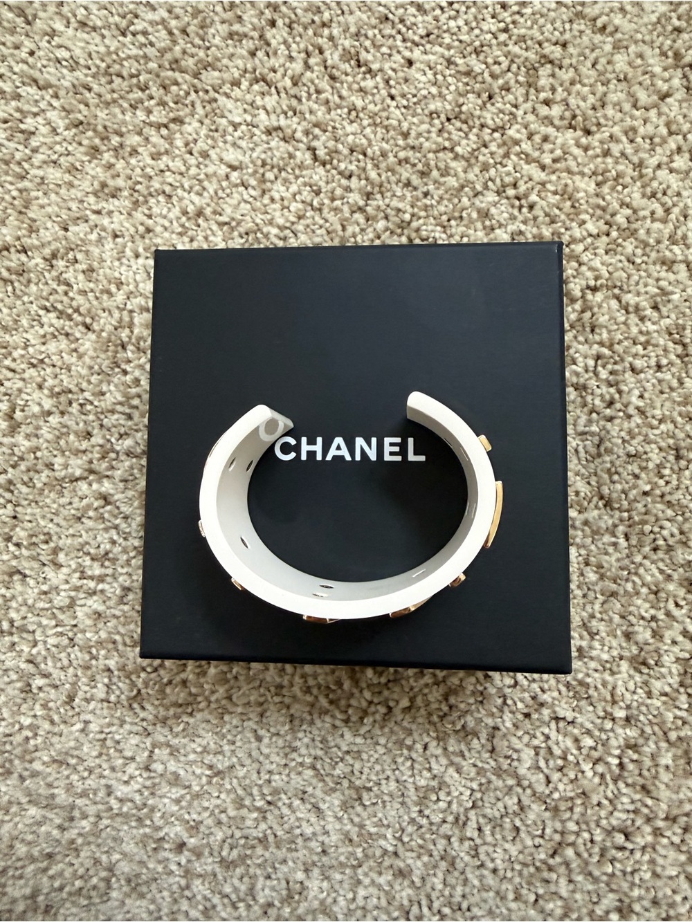 Chanel 2019C Ivory Resin Cuff Bracelet Gold Tone Chanel Letters - Picture 7 of 12